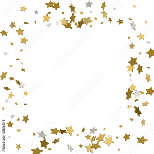 3d gold frame or border of random scatter golden stars on white background. Design element for festive banner  birthday and greeting card  postcard  wedding invitation. Vector illustration