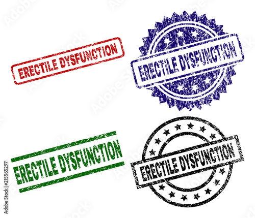 ERECTILE DYSFUNCTION seal stamps with corroded style. Black, green,red,blue vector rubber prints of ERECTILE DYSFUNCTION title with corroded style. Rubber seals with round, rectangle, rosette shapes.