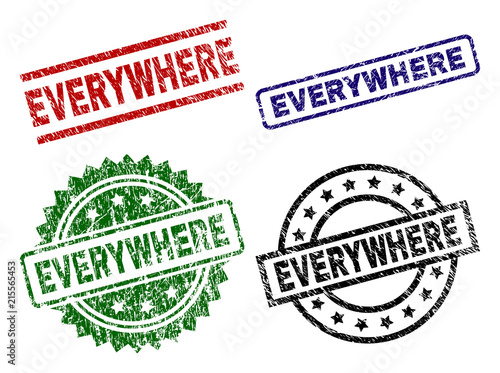 EVERYWHERE seal prints with distress style. Black, green,red,blue vector rubber prints of EVERYWHERE caption with dust texture. Rubber seals with round, rectangle, medal shapes.