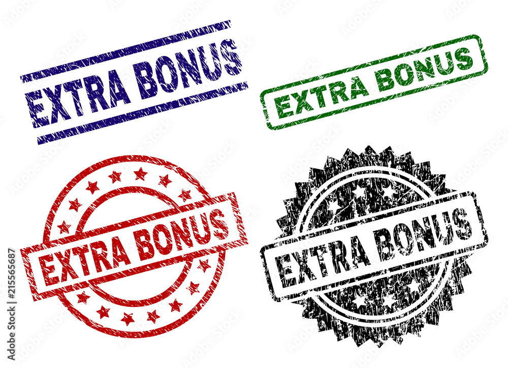 EXTRA BONUS seal stamps with corroded surface. Black, green,red,blue vector rubber prints of EXTRA BONUS label with corroded texture. Rubber seals with round, rectangle, rosette shapes. EXTRA BONUS seal stamps with corroded surface. Black, green,red,blue vector rubber prints of EXTRA BONUS label with corroded texture. Rubber seals with round, rectangle, rosette shapes.