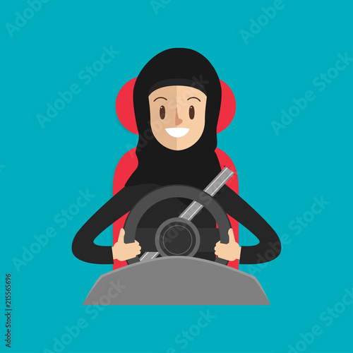 arab woman with a safety belt driving a car on the way. driver people character.