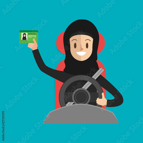 arab woman with a safety belt driving a car on the way. driver people character showing driving license.