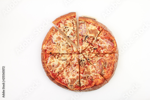 Pizza BBQ with bacon, chicken and cheese on a white background. Isolate. View from the top