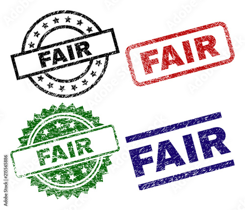 FAIR seal prints with corroded style. Black, green,red,blue vector rubber prints of FAIR label with corroded surface. Rubber seals with round, rectangle, medallion shapes.