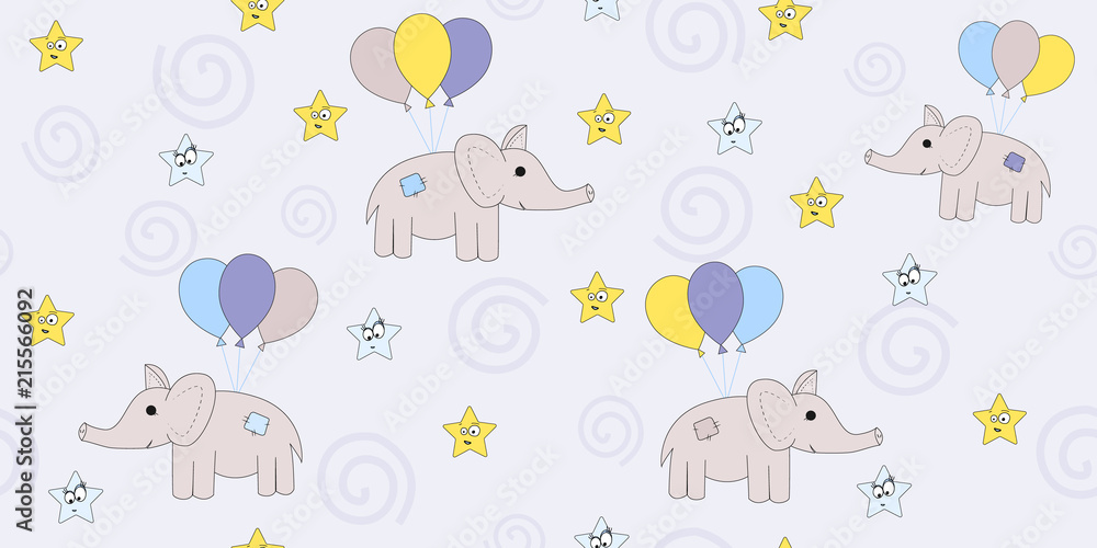 Seamless pattern with cartoon elephants flying on balloons. Vector illustration of a cartoon elephant. Print the child. Seamless pattern with cartoon elephants flying on balloons. Vector illustration of a cartoon elephant. Print the child.