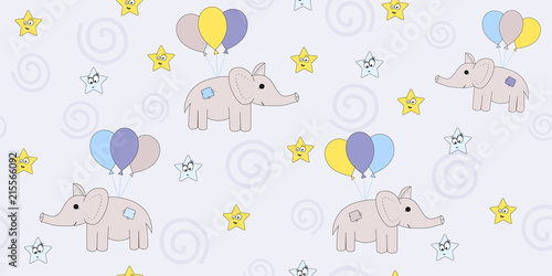 Seamless pattern with cartoon elephants flying on balloons. Vector illustration of a cartoon elephant. Print the child. © Amarievikka