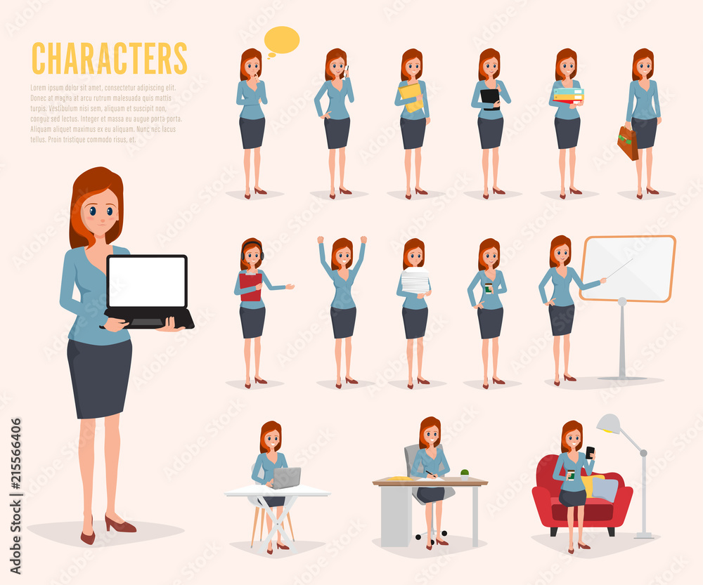 Businesswoman working character design set. Vector design. Businesswoman working character design set. Vector design.