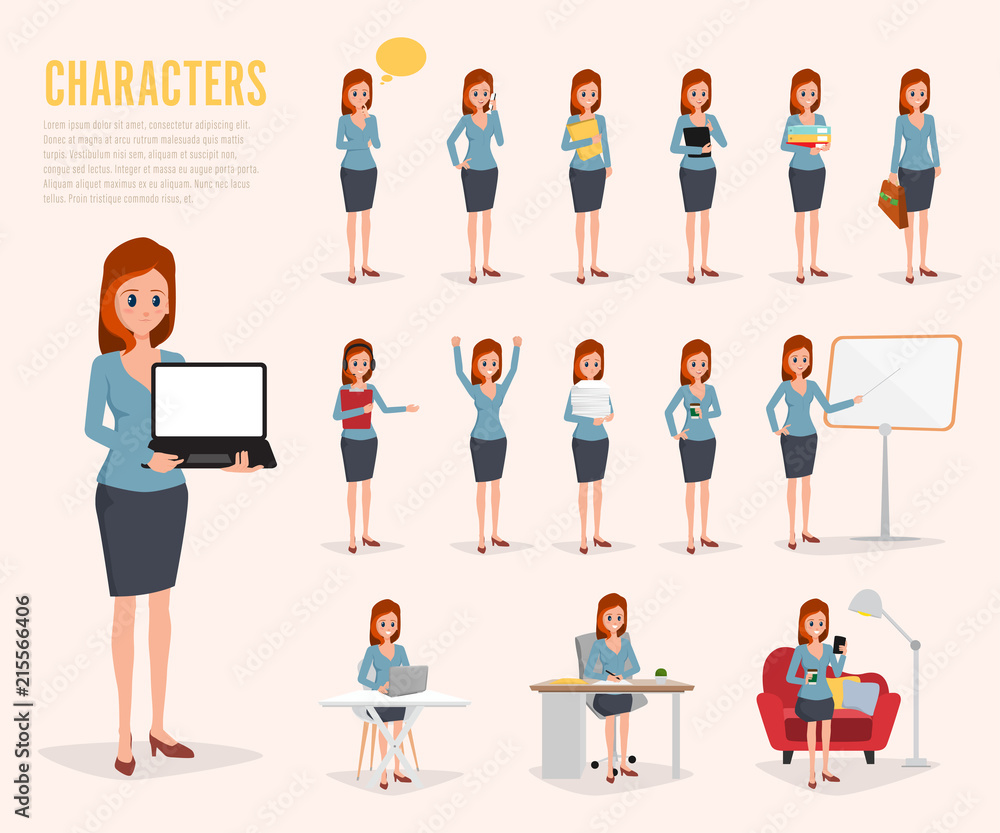 Businesswoman working character design set. Vector design.