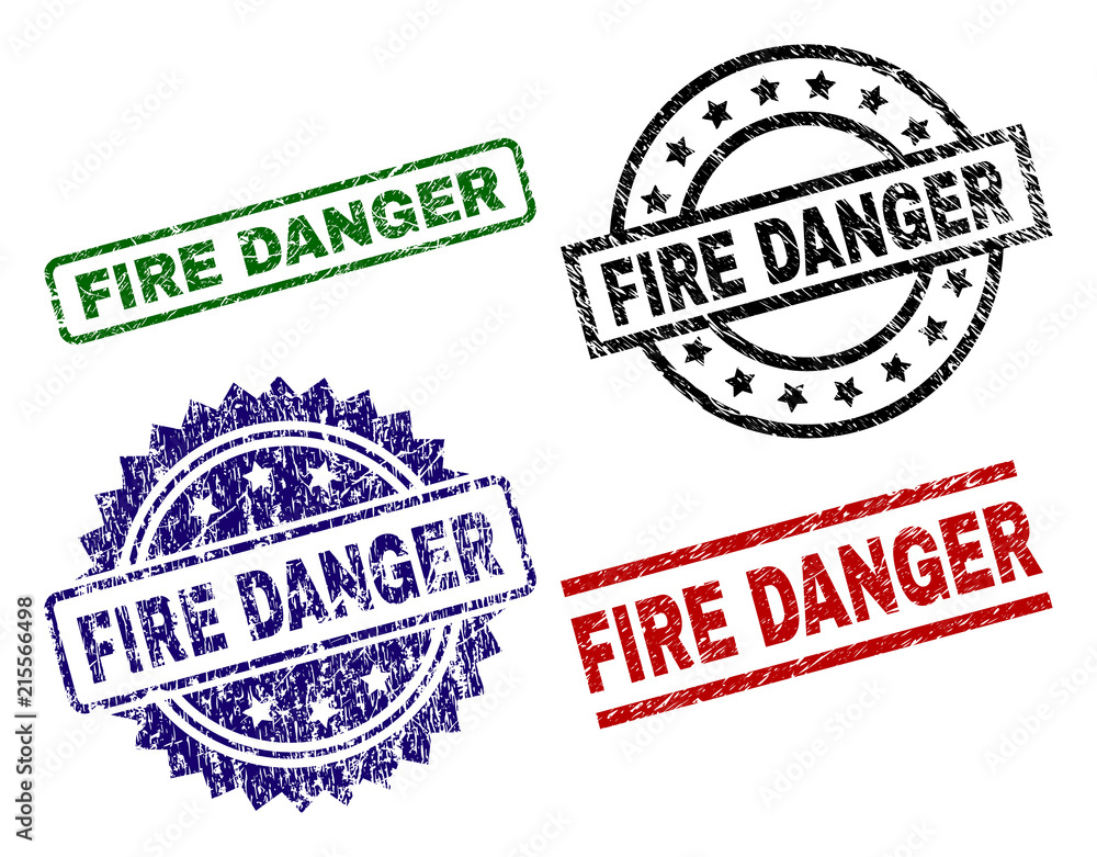 FIRE DANGER seal prints with corroded surface. Black, green,red,blue vector rubber prints of FIRE DANGER title with corroded surface. Rubber seals with circle, rectangle, medal shapes. FIRE DANGER seal prints with corroded surface. Black, green,red,blue vector rubber prints of FIRE DANGER title with corroded surface. Rubber seals with circle, rectangle, medal shapes.