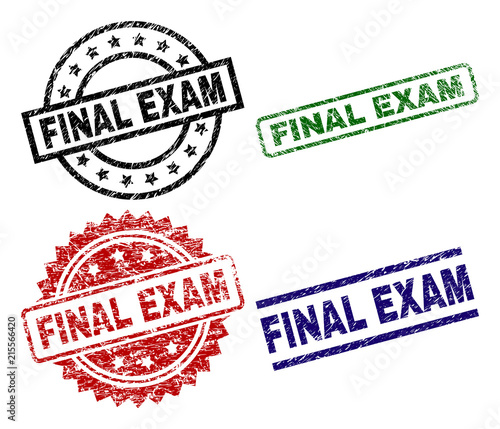 FINAL EXAM seal prints with corroded surface. Black, green,red,blue vector rubber prints of FINAL EXAM title with corroded texture. Rubber seals with circle, rectangle, rosette shapes.