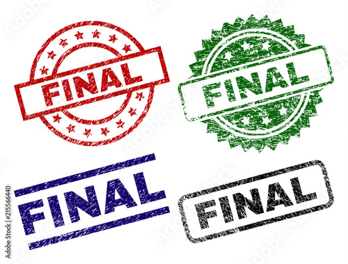 FINAL seal prints with damaged texture. Black, green,red,blue vector rubber prints of FINAL caption with corroded texture. Rubber seals with round, rectangle, medal shapes.
