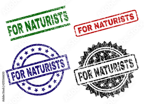 FOR NATURISTS seal imprints with damaged style. Black, green,red,blue vector rubber prints of FOR NATURISTS title with unclean style. Rubber seals with round, rectangle, medallion shapes.
