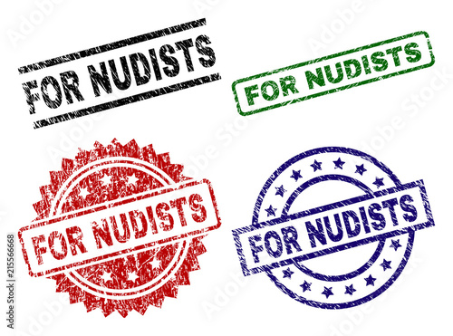 FOR NUDISTS seal prints with corroded texture. Black, green,red,blue vector rubber prints of FOR NUDISTS text with corroded texture. Rubber seals with circle, rectangle, medal shapes.