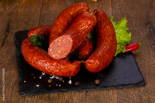 Pork sausages over wooden