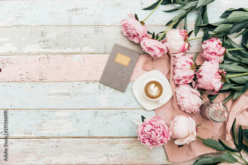 Fotografie, Obraz Flat lay cup of coffee and peonies on shabby chic background.
