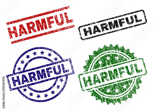 HARMFUL seal prints with corroded texture. Black, green,red,blue vector rubber prints of HARMFUL title with corroded texture. Rubber seals with round, rectangle, medal shapes.