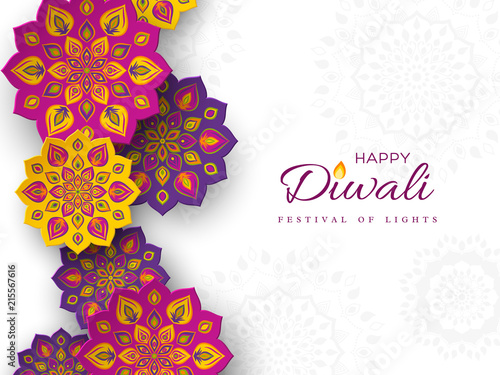 Diwali festival holiday design with paper cut style of Indian Rangoli. Purple, violet, yellow color on white background, vector illustration.