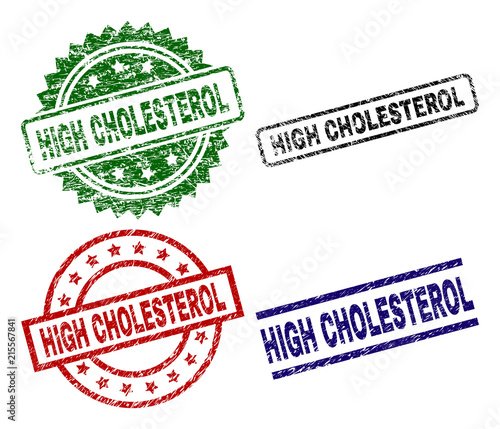 HIGH CHOLESTEROL seal prints with damaged surface. Black, green,red,blue vector rubber prints of HIGH CHOLESTEROL caption with dust surface. Rubber seals with circle, rectangle, medallion shapes.