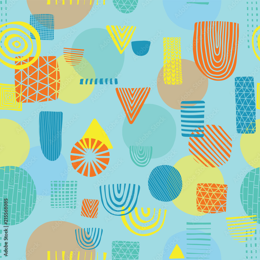 Abstract shapes seamless vector pattern. Triangles, circles, rectangles, half circles orange, yellow, and blue on a blue background. Modern pattern design. Great for the childrens market. Kids market Abstract shapes seamless vector pattern. Triangles, circles, rectangles, half circles orange, yellow, and blue on a blue background. Modern pattern design. Great for the childrens market. Kids market