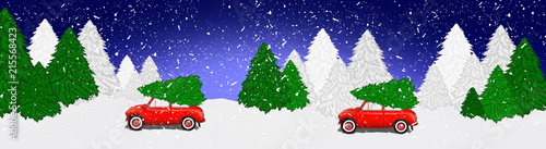 Panorama of the forest, snow, night view. A red car is driving a Christmas tree for a Christmas holiday. Winter illustration, banner. 2019 © MiaStendal