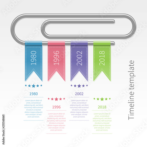 Vector colorful infographic timeline template with paperclip and ribbons.