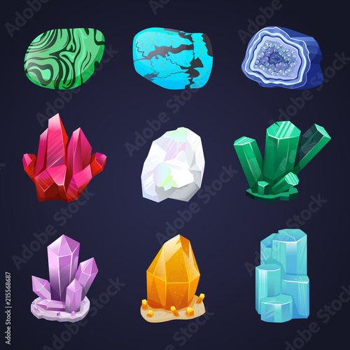 Crystal vector set. Crystalline stone or gem. Precious gemstone. Untreated diamond, malachite, turquoise, quartz