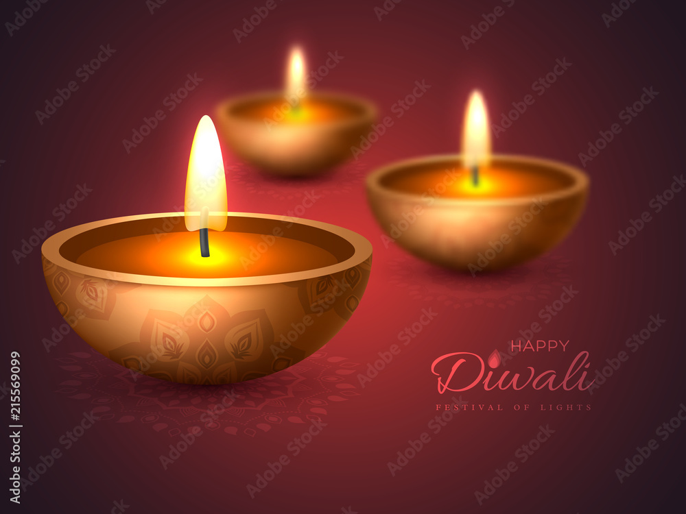 Diwali diya - oil lamp. Holiday design for traditional Indian festival of lights. 3D realistic style with blur effect on rangoli purple background, vector illustration. Diwali diya - oil lamp. Holiday design for traditional Indian festival of lights. 3D realistic style with blur effect on rangoli purple background, vector illustration.