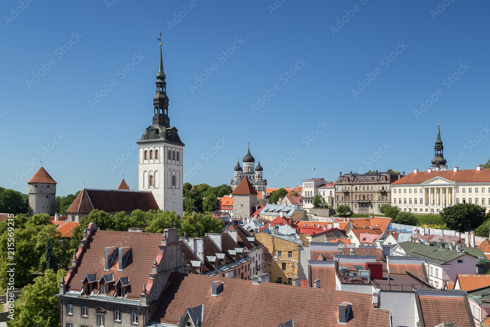 St. Nicholas' Church, St. Alexander Nevsky Cathedral, St. Mary's Cathedral and other buildings at the Old Town in Tallinn, Estonia, viewed from above on a sunny day in the summer.