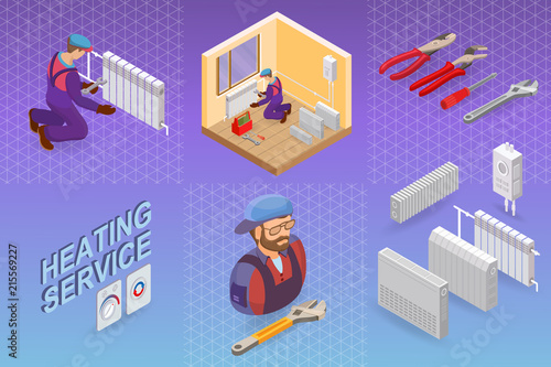 Heating service. Isometric concept. Worker, equipment.