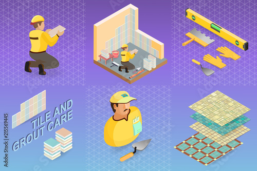 Isometric interior repairs concept. Tiler is tying colorful tile