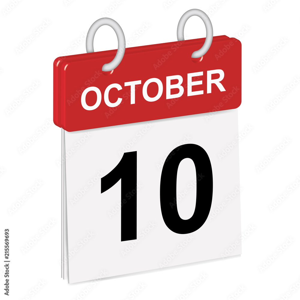 Daily single-leaf calendar, red spine, 3d, month of October,tenth day,10th.Vector,illustration Daily single-leaf calendar, red spine, 3d, month of October,tenth day,10th.Vector,illustration