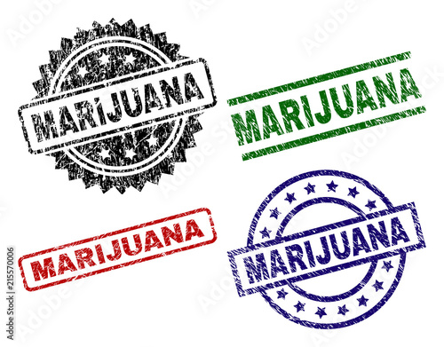 MARIJUANA seal prints with damaged texture. Black, green,red,blue vector rubber prints of MARIJUANA label with dust texture. Rubber seals with circle, rectangle, medallion shapes.