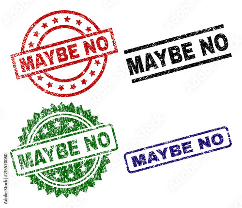 MAYBE NO seal prints with distress texture. Black, green,red,blue vector rubber prints of MAYBE NO title with dirty texture. Rubber seals with round, rectangle, medal shapes.