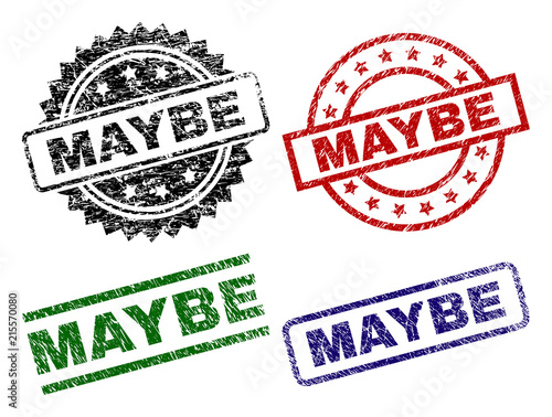 MAYBE seal prints with corroded surface. Black, green,red,blue vector rubber prints of MAYBE text with corroded surface. Rubber seals with round, rectangle, medallion shapes.