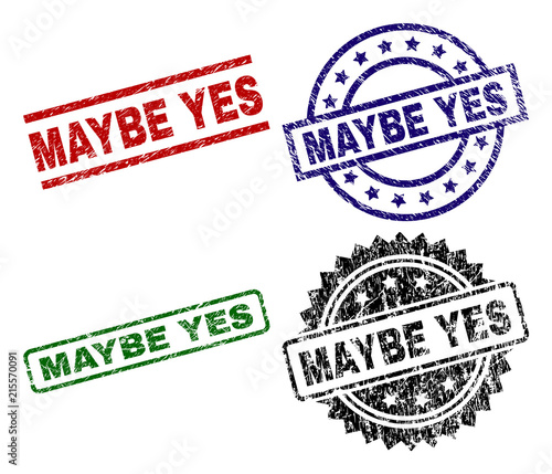 MAYBE YES seal prints with damaged surface. Black, green,red,blue vector rubber prints of MAYBE YES label with unclean surface. Rubber seals with round, rectangle, medal shapes.