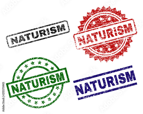 NATURISM seal prints with distress surface. Black, green,red,blue vector rubber prints of NATURISM text with unclean surface. Rubber seals with round, rectangle, medallion shapes.