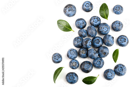 fresh ripe blueberry with leaf isolated on white background with copy space for your text. Top view. Flat lay pattern