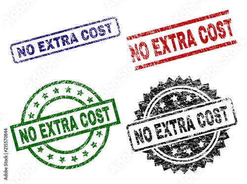 NO EXTRA COST seal prints with corroded texture. Black, green,red,blue vector rubber prints of NO EXTRA COST title with dirty texture. Rubber seals with circle, rectangle, medal shapes.