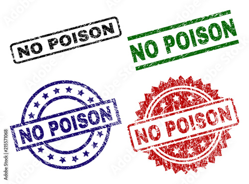 NO POISON seal prints with damaged style. Black, green,red,blue vector rubber prints of NO POISON text with dust style. Rubber seals with circle, rectangle, medal shapes.