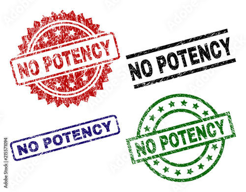 NO POTENCY seal imprints with corroded texture. Black, green,red,blue vector rubber prints of NO POTENCY text with corroded texture. Rubber seals with circle, rectangle, rosette shapes.