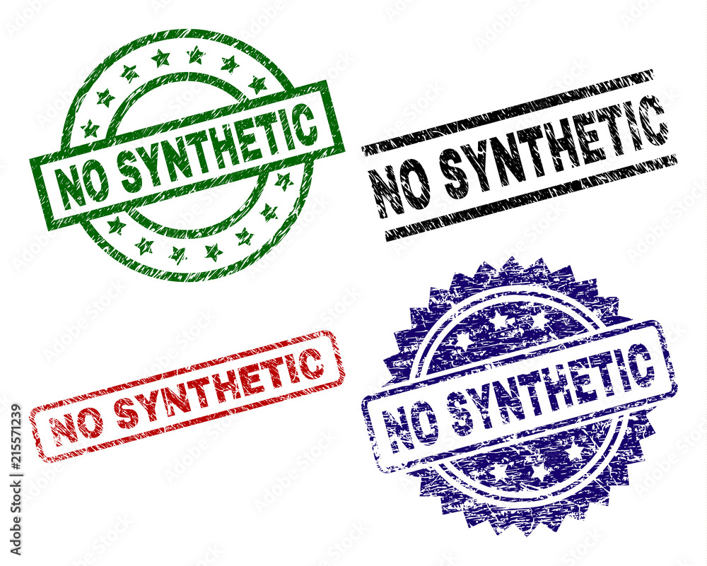 NO SYNTHETIC seal prints with corroded texture. Black, green,red,blue vector rubber prints of NO SYNTHETIC label with corroded style. Rubber seals with circle, rectangle, rosette shapes.