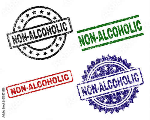NON-ALCOHOLIC seal prints with damaged style. Black, green,red,blue vector rubber prints of NON-ALCOHOLIC tag with retro style. Rubber seals with round, rectangle, medal shapes.