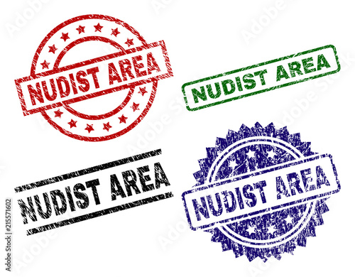 NUDIST AREA seal prints with damaged texture. Black, green,red,blue vector rubber prints of NUDIST AREA caption with dust texture. Rubber seals with circle, rectangle, medal shapes.