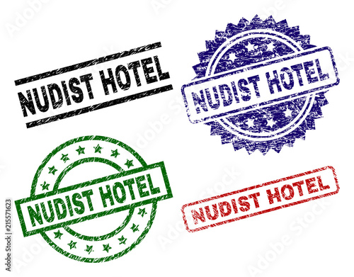 NUDIST HOTEL seal prints with corroded surface. Black, green,red,blue vector rubber prints of NUDIST HOTEL text with scratched surface. Rubber seals with round, rectangle, medallion shapes.