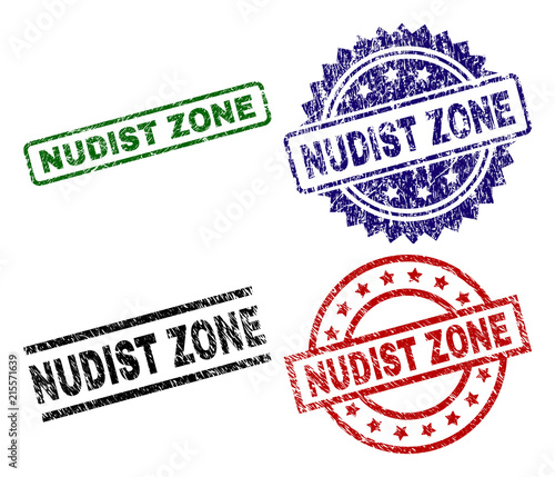 NUDIST ZONE seal prints with distress style. Black, green,red,blue vector rubber prints of NUDIST ZONE caption with unclean style. Rubber seals with round, rectangle, rosette shapes.