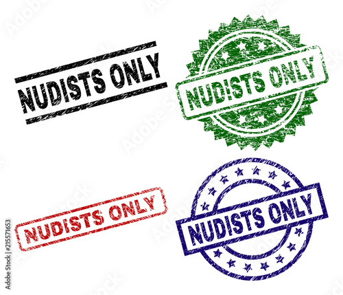 NUDISTS ONLY seal prints with damaged surface. Black, green,red,blue vector rubber prints of NUDISTS ONLY text with scratched surface. Rubber seals with round, rectangle, rosette shapes.