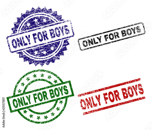 ONLY FOR BOYS seal prints with damaged style. Black, green,red,blue vector rubber prints of ONLY FOR BOYS tag with corroded style. Rubber seals with round, rectangle, rosette shapes.