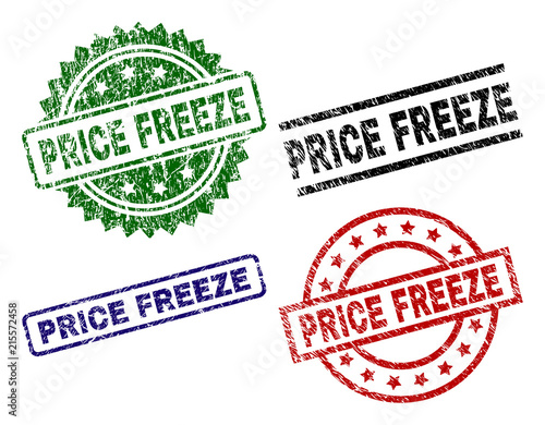PRICE FREEZE seal prints with distress texture. Black, green,red,blue vector rubber prints of PRICE FREEZE label with grunge texture. Rubber seals with circle, rectangle, medal shapes.
