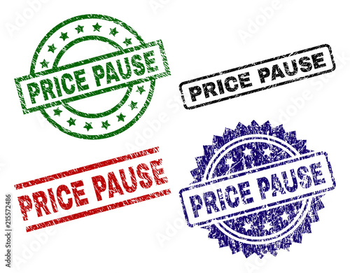 PRICE PAUSE seal prints with distress texture. Black, green,red,blue vector rubber prints of PRICE PAUSE title with unclean texture. Rubber seals with round, rectangle, medal shapes.