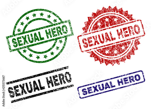 SEXUAL HERO seal imprints with corroded style. Black, green,red,blue vector rubber prints of SEXUAL HERO tag with corroded style. Rubber seals with round, rectangle, medallion shapes.